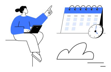 Dizüstü bilgisayarı olan biri saat ve bulutun yanında takvim çiziyor. Program, verimlilik, zaman yönetimi, organizasyon, verimlilik, takım çalışması, basit iniş sayfası için ideal