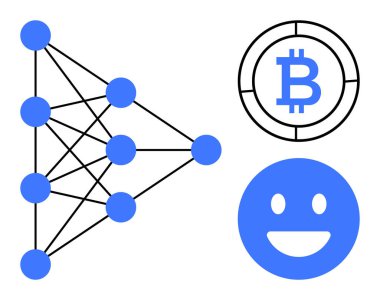 Birbirine bağlı düğümlere sahip sinirsel ağ yapısı, Bitcoin para birimi sembolü ve mutlu yüz. Kripto para birimi, makine öğrenimi, yapay zeka, blok zinciri, yenilik, dijital ekonomi sade iniş için ideal