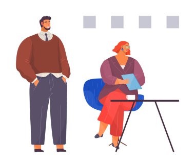 Tartışılan iki meslektaş, birinin eli cepte, diğerinin elinde bir masa var. Takım çalışması, işbirliği, iş yeri iletişimi, ofis kültürü için ideal