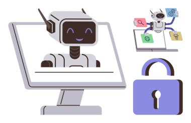 Monitörde gülümseyen robot, araçlarla çoklu görev yapmak arama, ayar, fikirler ve kilit sembolünü parmakla işaretliyor. Yapay zeka, teknoloji, çoklu görev, yenilik siber güvenlik otomasyonu için idealdir.