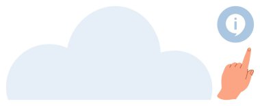 Elle işaret edilen bulut şekli dairesel bilgi simgesine işaret ediyor. Bulut hesaplama, çevrimiçi bilgi, veri depolama, dijital erişim, kullanıcı desteği, eğitim ve teknoloji bağlantısı için ideal. Basit düz metafor