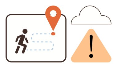 Konum iğnesine giden noktalı bir yol izleyen kişi, ünlem işaretli bir uyarı üçgeni, bulut simgesi. Rehberlik, dikkat, bağlantı, yolculuk, yön bulma risk çözümü için idealdir. Asgari