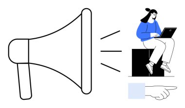 Megafon, dizüstü bilgisayarında oturan kadının ses dalgaları yayıyor ve el hareketi işaret ediyor. Konseptler için ideal pazarlama, iletişim, duyuru, strateji, savunma, sosyal yardım
