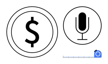 Çemberde dolar işareti, mikrofon, ve ölçüm bandı finans, konuşma, hassasiyet. İş için ideal, podcast, bütçe, analitik tasarım teknolojisi basit iniş sayfası