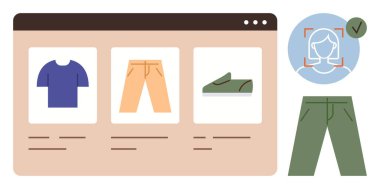 Yüz tanıma teknolojisiyle giysi seçeneklerini gösteren dijital mağaza önü. Ecommerce, AI, alışveriş, gardırop stili, moda trendleri, kullanıcı deneyimi, basit daire deneyimi için ideal