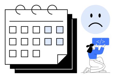 Seçilen tarihler, hüzünlü duygular ve dizlerinin üzerinde duran kadın müteahhit kodları. Bitiş tarihleri, proje yönetimi, kodlama hataları, duygu, iş akışı sorunları, zamanlama sorunları için ideal