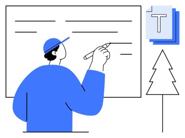 Belge ve ağaç sembollerinin yanında, metin satırları olan büyük tahtada kapak yazıları olan bir birey. Eğitim, yaratıcılık, beyin fırtınası, eğitim, sunum, planlama, basit iniş sayfası için ideal