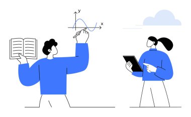 Bilgi paylaşımı yapan iki kişi. Biri açık bir kitap tutarken grafik çizer, diğeri tablet üzerindeki verileri analiz eder. Eğitim, takım çalışması, analitik ve araştırma için ideal