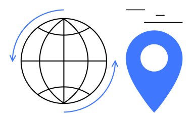 Dünya küresi, hareket ve bağlantıyı simgeleyen oklarla, artı navigasyonu simgeleyen bir lokasyon rozeti. Küresel ticaret, lojistik, seyahat, haritalama, teknoloji, iş, basit iniş sayfası için ideal