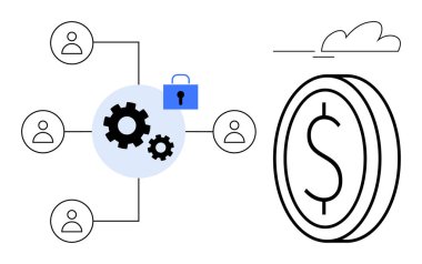 Bulutların altında bir doların yanında güvenlik kilidi olan kullanıcı simgelerine bağlı dişli mekanizması. Teknoloji, finans, takım çalışması, veri paylaşımı, bağlantı, güvenlik, iş akışı için ideal. Basit.