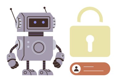 Asma kilit ve kullanıcı kimlik arayüzü yanında arkadaş canlısı bir robot siber güvenlik ve güvenli veri işlemeyi vurguluyor. Yapay zeka, gizlilik, koruma, teknoloji, şifreleme, otomasyon, dijital için ideal