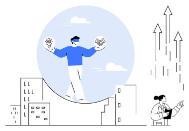 Ampul ve tokalaşmayı şehir manzarası üzerinde dengeleyen kişi, yeniliği, takım çalışmasını sembolize eder. İş, büyüme, liderlik, strateji, kentsel yaşam yenilik işbirliği için idealdir. Basit düz