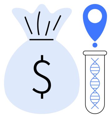 İçinde DNA sarmalı ve işaret olan test tüpünün yanında dolar işareti olan para çantası. Biyoteknoloji, yenilik, bilim fonu, yatırım stratejisi, sağlık, genetik ve araştırma için ideal. Basit düz