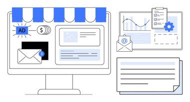 Reklam afişleri, e-postalar, analitikler ve belgeler içeren dijital mağaza önü. E-ticaret, dijital pazarlama, reklam, e-posta kampanyaları için ideal veri analizi çevrimiçi büyümeyi sağlar. Basit düz