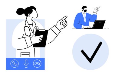 Doktor pano tutuyor ve el kol hareketi yapıyor. Online danışma sırasında dizüstü bilgisayardaki bir hastayla iletişim kuruyor. Teletıp, uzaktan sağlık, iletişim, teknoloji, dijital sağlık ve bakım için ideal