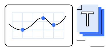 Izgarada veri noktaları olan çizgi grafiği, metin ögesiyle istiflenmiş belgelerin yanında. Veri analizi, raporlama, istatistik, bilgi paylaşımı, araştırma, iş stratejisi, basit iniş için ideal
