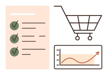 Yeşil kene, alışveriş arabası ve yükselen grafiği olan kontrol listesi e-ticaret hedeflerini ve ilerlemeyi simgeliyor. İş planlaması, strateji, satış, istatistik, verimlilik büyüme uygulaması için ideal