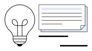 Yenilikleri, fikirleri ve bilgiyi gösteren istiflenmiş kağıtların yanında bir ampul. Yaratıcılık, beyin fırtınası, eğitim, planlama, strateji, üretkenlik iş iletişimi için ideal basit düz