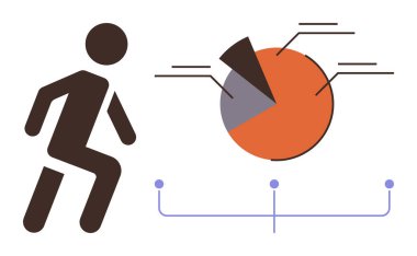 Veri etiketleri ve düğümleriyle segmentli pasta grafiğine doğru koşan çöp adam. Analiz, ilerleme izleme, fitness hedefleri, karar verme, stratejik planlama, performans ölçümleri, basit