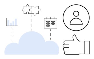 Bar çizelgesine, bulmaca parçalarına, takvime, kullanıcı profiline ve onay simgesine bağlı bulut. Bulut hesaplama, veri analizi, işbirliği, kullanıcı yönetimi onay sisteminin zamanlaması için ideal