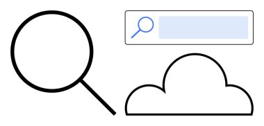 Büyüteç, bulut sembolü ve arama çubuğu çevrimiçi arama, veri keşfi ve bulut hesaplamasını vurguluyor. Veri depolama, web araçları, navigasyon, araştırma İnternet kullanımı için ideal SEO