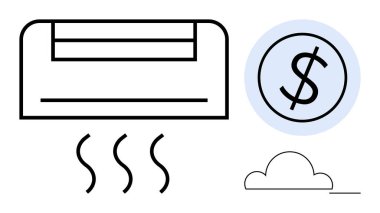 Havalandırma dolar işareti ve bulut simgeleriyle hava akımı yayıyor. Enerji maliyeti, iklim kontrolü, verimlilik, sürdürülebilirlik, tasarruf, ev aletleri için ideal, minimal düz metafor