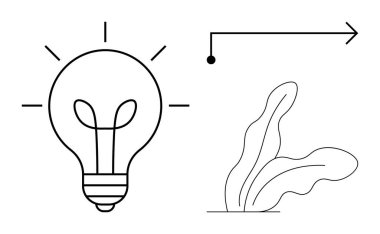 Işık saçan ampul minimalist ok ve bitki şekilleri yaratıcılığı, gelişimi, ilerlemeyi ve yeniliği sembolize eder. İlham, eğitim, sürdürülebilirlik, rehberlik, ekoloji için ideal