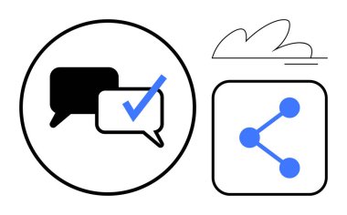 Kontrol işareti ve ağ paylaşım simgesi olan konuşma baloncukları. İletişim, işbirliği, onay, mesajlaşma, paylaşma, takım çalışması, kullanıcı dostu tasarım, sosyal medya sade iniş sayfası için ideal