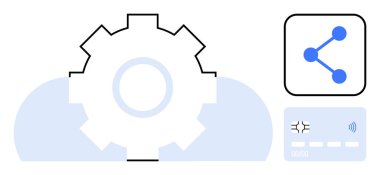 Soyut bulut içindeki teçhizat, bağlantı paylaşım simgesi ve irtibatsız kart teknolojiyi, yeniliği ve veri paylaşımını vurguluyor. Teknoloji, ağ oluşturma, otomasyon, fintech bulut çözümleri uygulaması tasarımı için ideal