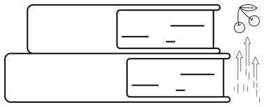 Öğrenmeyi sembolize eden iki kitap yığını yaratıcılık için kirazlar ve büyüme için yukarı doğru oklar. Eğitim, bilgi, ilerleme, kendini geliştirme, yaratıcılık, yenilik entellektüel
