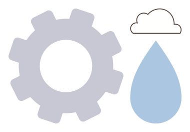 Dişliler, bulutlar ve su damlaları teknoloji, veri depolama ve su kaynakları yönetimi arasındaki bağlantıları vurguluyor. Sürdürülebilirlik, yenilik, çevre bakımı, bulut hesaplaması için ideal