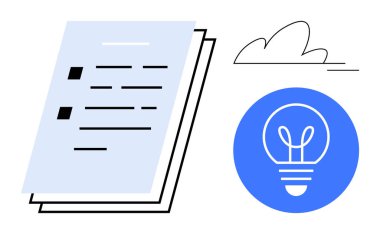 Metin mermili dokümanlar yığını, yaratıcılığı simgeleyen parlayan bir ampul, ve minimum bulut detayı. Üretkenlik, yenilik, eğitim, takım çalışması, strateji, beyin fırtınası için ideal
