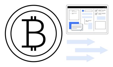 Basitleştirilmiş web sayfası arayüzünün yanında Bitcoin amblemi ve dijital akış ve bilgi hareketini ileten üç ok. Şifreleme, engelleme zinciri, çevrimiçi işlemler, fintech, digital için ideal