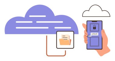 Büyük bulut şekli, belgeli klasör ve kilidi açan mobil cihaz. Güvenlik için ideal, bulut bilgisayarı, veri paylaşımı, dosya depolama, gizlilik, uzaktan kumanda akıllı teknoloji. Temiz daire