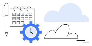 Kontrol işaretli takvim, kalem, saat teçhizatı, soyut bulut. Program, planlama, iş akışı, verimlilik bulutu zaman tutma organizasyonu için ideal. Minimalist düz metafor