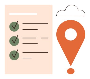 Yeşil işaretli görevlerin listesi, turuncu lokasyon iğnesi, minimalist bulut çizgisi. Üretkenlik, görev yönetimi, planlama, organizasyon, iş akışı, hedefler basitlik mecazı için ideal