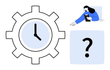 İç dişli saat, soru işareti ve karar verme mekanizmasını temsil eden tablet, zaman yönetimi, üretkenlik, planlama, öncelik tahsisi ve basit bir çalışma akışını temsil eden kişi.