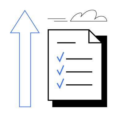 Mavi keneli kontrol listesi, büyümeyi gösteren yukarı doğru ok, minimum bulut. Hedef izleme, verimlilik, ilerleme, büyüme, başarı planlama motivasyonu için idealdir. Basit düz metafor
