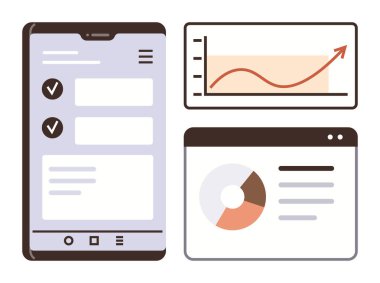 Kontrol listesi, çizgi grafiği ve pasta çizelgesi arayüzü olan akıllı telefon. Veri analizi, iş izleme, eğilim izleme, görev yönetimi, mali raporlar, üretkenlik araçları için ideal basit düz