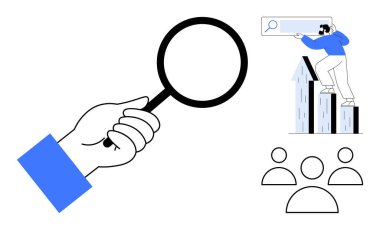 Bir büyüteç tutan el, grafiklerin üzerinde arama çubuğuna uzanan bireyler, soyut insan figürleri. Araştırma, analiz, arama, takım yönetimi, hedef ayarlama, veri stratejisi için ideal düz