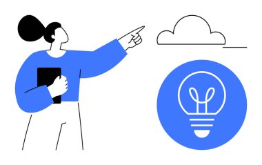 Tablet tutan kadın, ampul sembolüyle buluta işaret ediyor. Yaratıcılık, yenilik, teknoloji, bulut hesaplama, eğitim, beyin fırtınası, basit iniş sayfası için ideal