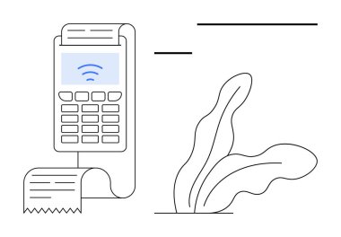 Kablosuz ödeme terminali. Faturası ve minimalist bitki çizimi var. Finans, e-ticaret, nakitsiz işlemler, POS sistemleri, perakende satış, teknoloji ve modern iş için ideal. Temiz daire