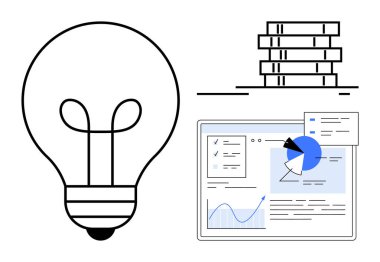 Fikirleri simgeleyen ampul, bilgiyi temsil eden bir yığın kitap ve dijital arayüzdeki veri analizleri. Yenilik, eğitim, araştırma, teknoloji, strateji ve öğrenme için ideal