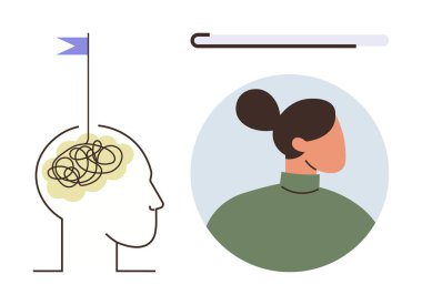 Karmaşık çizgiler, düşünceleri sembolize eden bir insan kafası, bir kılavuz bayrak ve bir kadın portresi. Ruh sağlığı, terapi, farkındalık, kişisel büyüme, öz düşünme, odaklanma için idealdir.