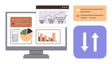 Bilgisayar ekranında grafikler, pasta grafiği, alışveriş arabası trendleri, işlem verileri ve analitik genel bakış. Ticari görüşler, e-ticaret takibi, istatistik, veri görselleştirme pazarı için ideal