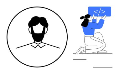 Diz çökmüş bir kadın programcının yanında kodlu bir tablet tutan tek renkli profil ikonu. Teknoloji, programlama, kullanıcı profilleri, yazılım geliştirme, bilişim, öğrenme teknolojisi ve basit iniş için ideal