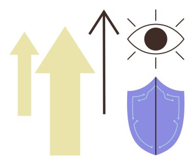Yukarı bakan üç ok, soyut bir göz ve kalkan ilerlemeyi, görüşü ve güvenliği temsil ediyor. Büyüme, koruma, liderlik stratejisi yenilik anlayışı için ideal başarı. Basit gösterir