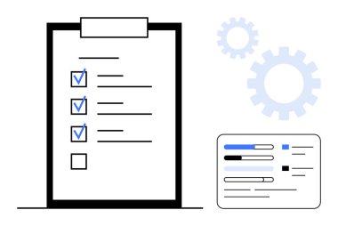 Kontrol işaretli pano, izleme aygıtı ve dişli simgeleri organizasyon, planlama ve iş akışını sembolize eder. Üretkenlik, proje yönetimi, görev izleme ve iş akışı için ideal