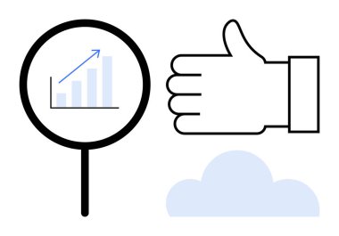 Büyüme grafiği olan büyüteç, onayı sembolize eden baş parmak işareti, basitliği tasvir eden ışık bulutu. Analiz, büyüme, başarı, bulut hesaplama, minimalizm, pozitiflik için ideal