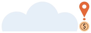 Turuncu lokasyon iğnesi ve dolar parasına sahip bulut şekli veri depolama, navigasyon ve para temalarını vurgular. Teknoloji, yenilik, iş stratejileri, lojistik, fintech, pazarlama için ideal